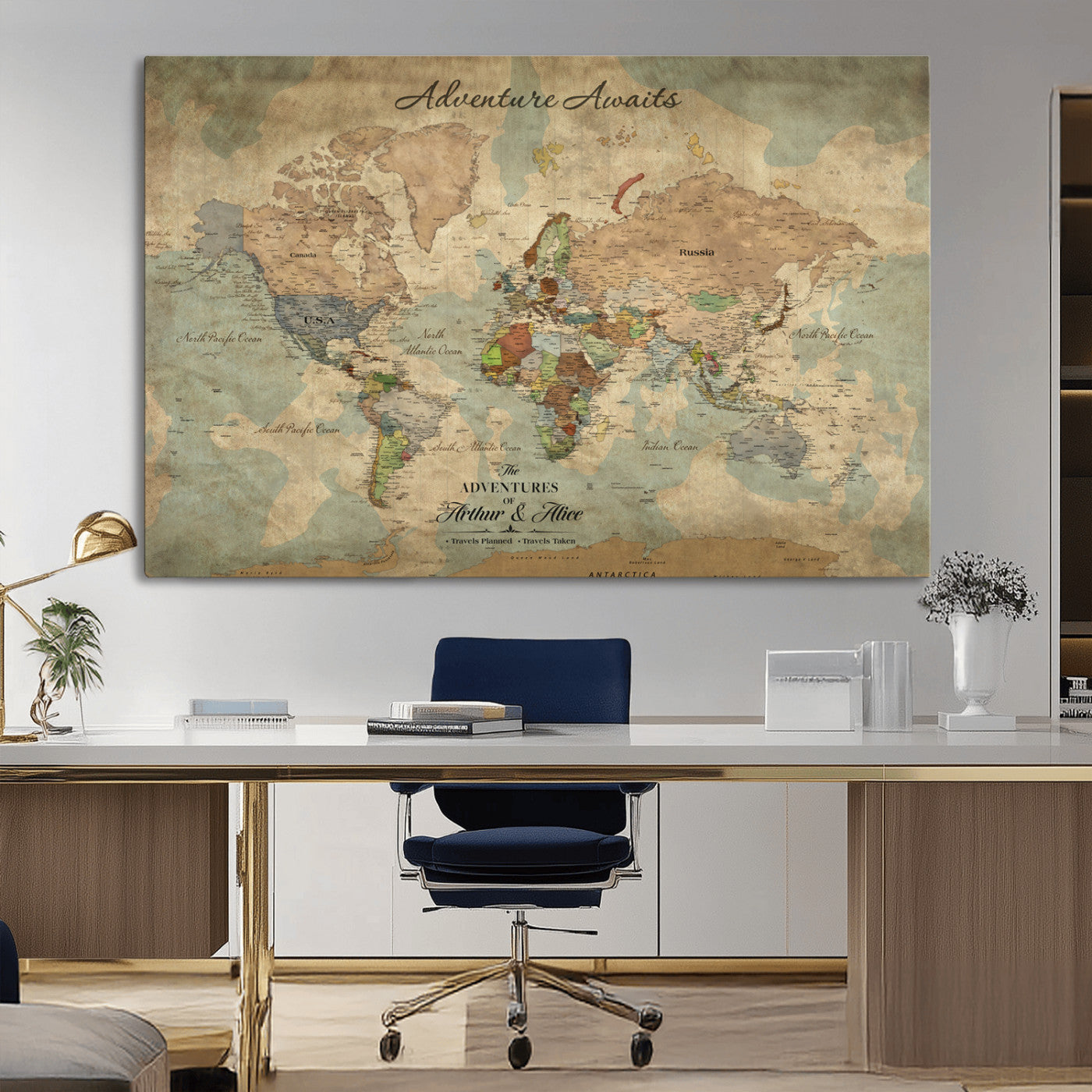 Rehber01-MGV-CV-36X24-Personalized Vintage World Map Canvas Print – Custom Push Pin Travel Map Antique Style Gift for Couples Travelers for Home Office