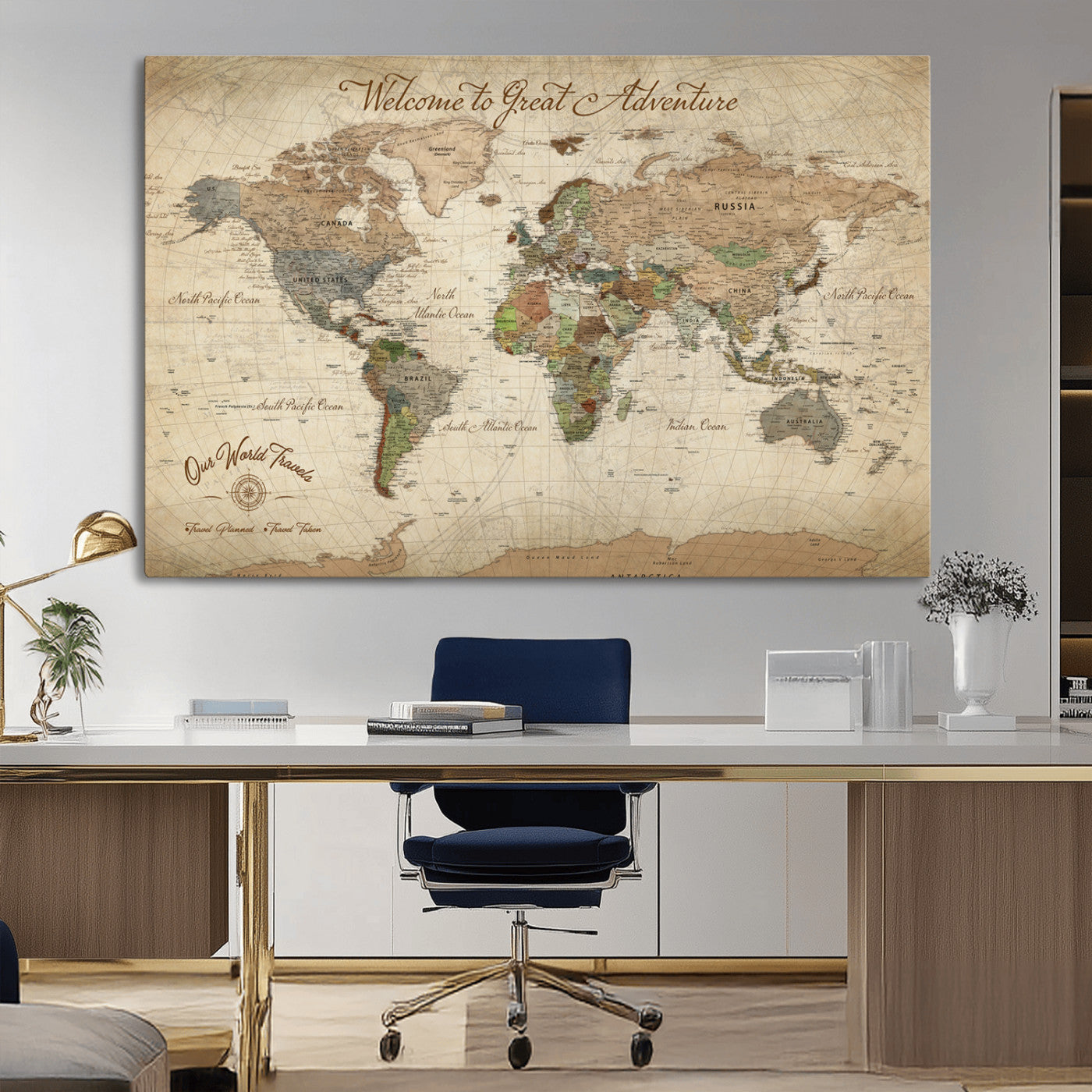 -Personalized Antique World Map Canvas Print – Custom Push Pin Travel Tracker Vintage Adventure Gift for Couples for Home, Office