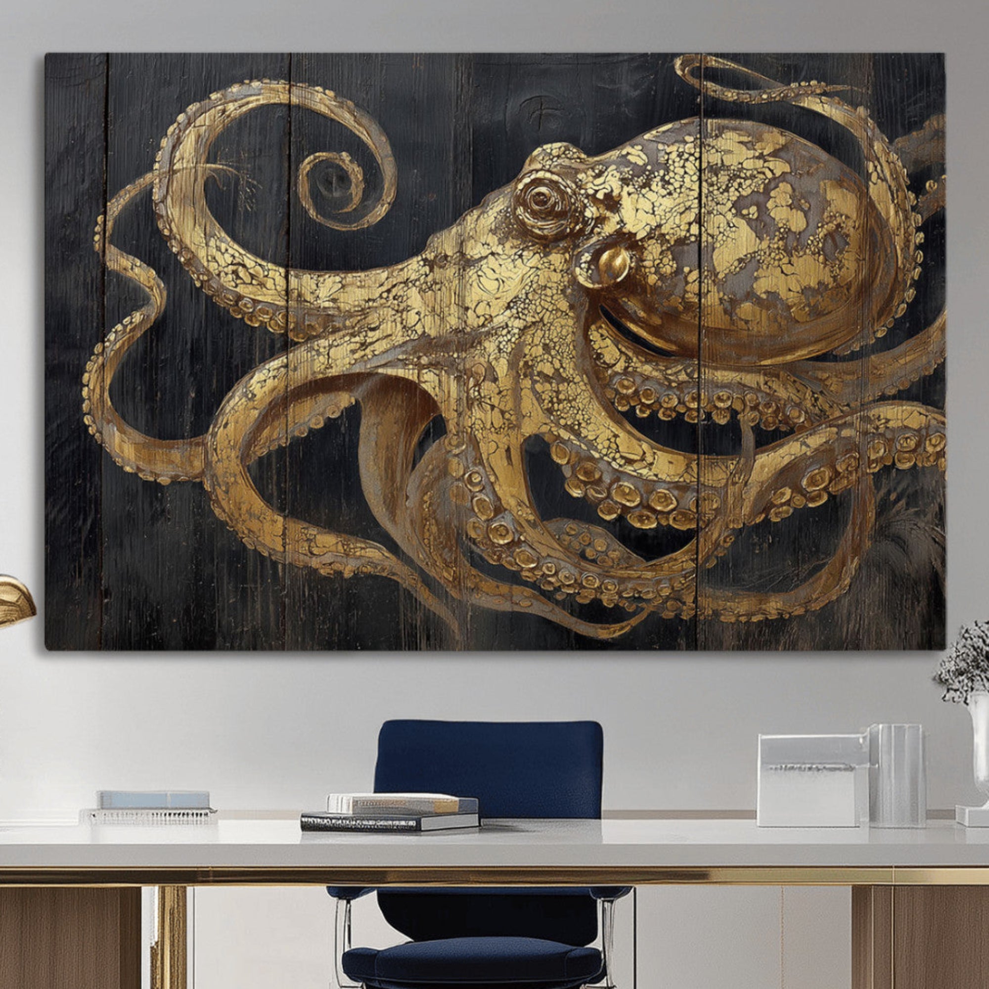 47056538-MGV-CV-36X24-Octopus Wall Art Canvas Print – Gold Detail Wooden Marine Life Ocean Creature Nautical Artwork for Home Office