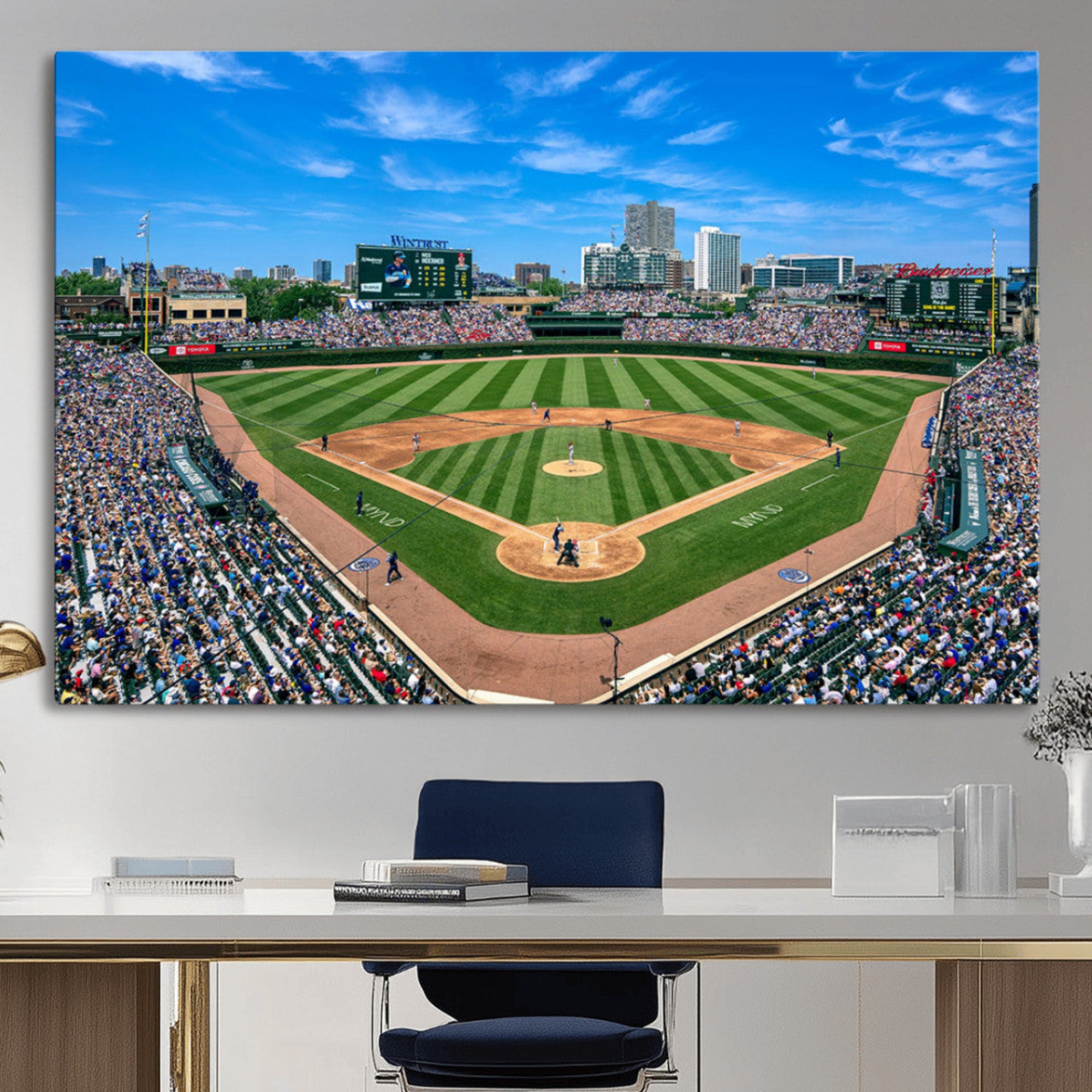 35800083-MGV-CV-36X24-Wrigley Field Baseball Stadium Canvas Wall Art – Packed Crowd Sports Stadium City Skyline Artwork for Home Office