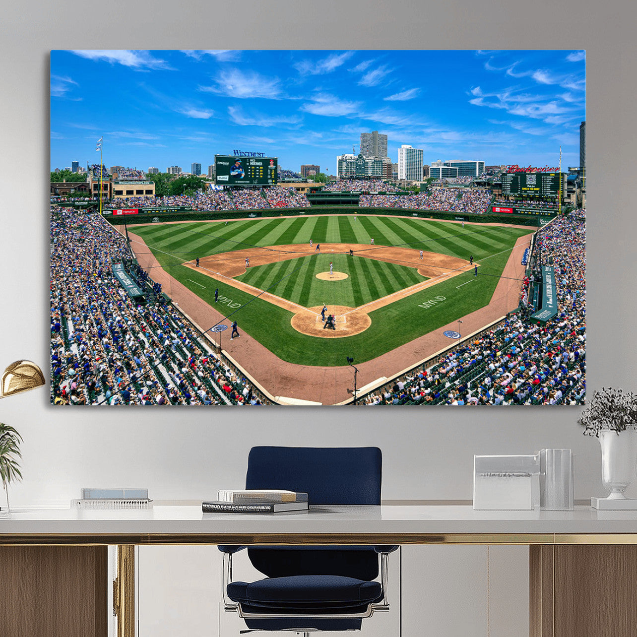 35800083-MGV-CV-36X24 - Wrigley Field Baseball Stadium Canvas Wall Art – Packed Crowd Sports Stadium City Skyline Artwork for Home Office