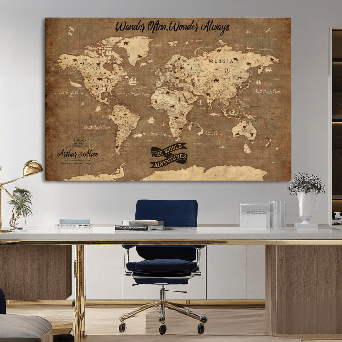 Rehber01-MGV-CV-36X24-Customize Push Pin World Map Wall Art Canvas Print – Personalized Kids Room Framed Map Adventure Travel for home, office