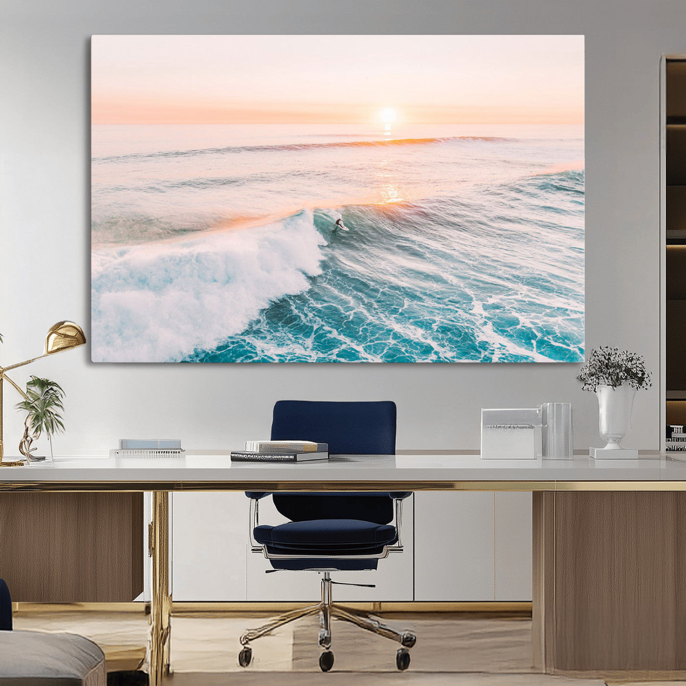34064591-MGV-CV-36X24-Sunset Surfing Wall Art Canvas Print, Ocean Wave Surfer with Golden Sky Artwork for Home, Office, Living Room
