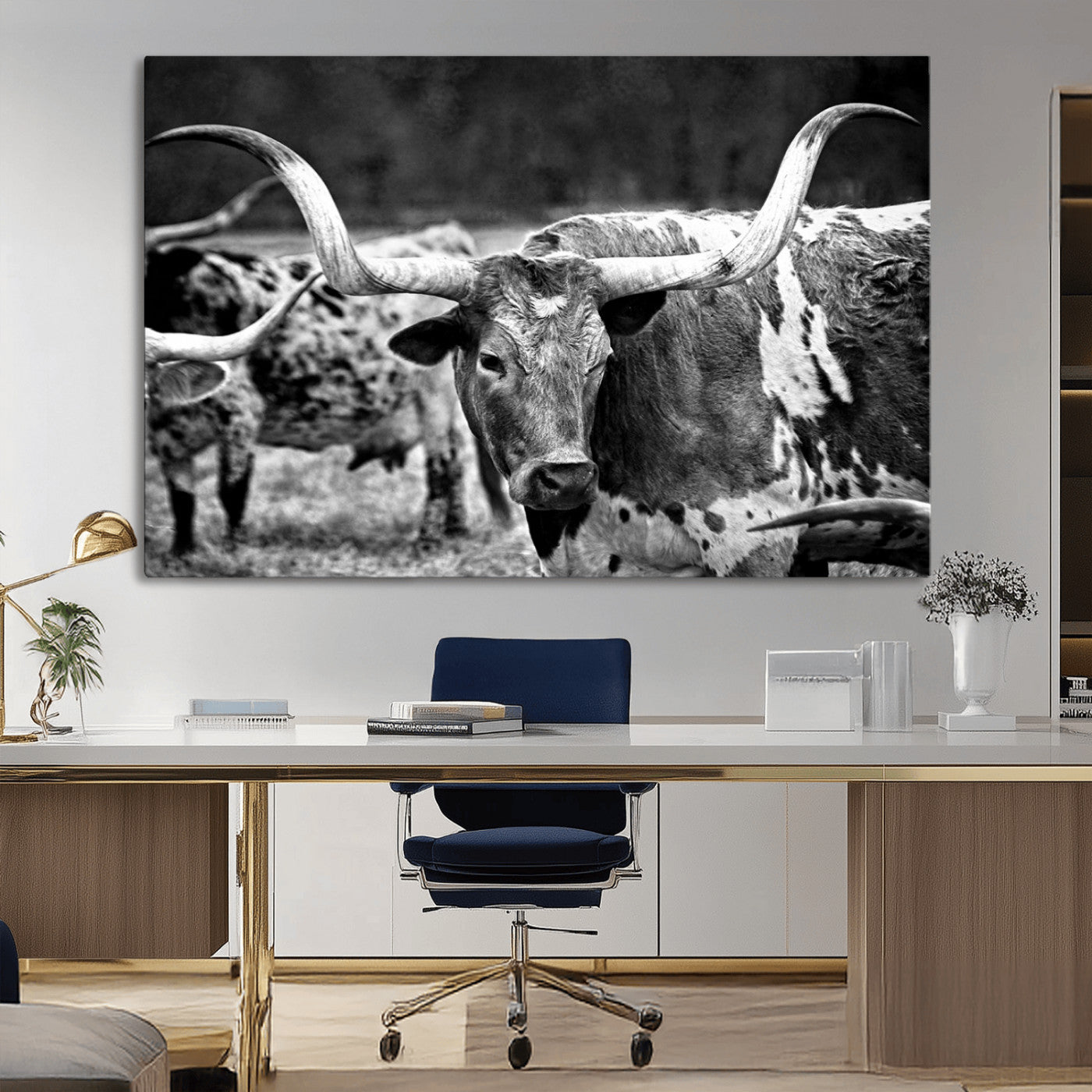 15425553-MGV-CV-36X24-Black & White Longhorn Cattle Wall Art Canvas Print, Rustic Farmhouse Western Design Artwork for Home, Office