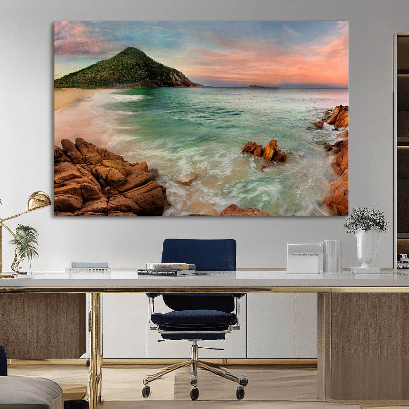 53831025-MGV-CV-36X24-Stunning Coastal Landscape with Rocky Shore and Green Hills at Sunset – Beautiful Ocean View Wall Art Canvas Print for Serene Home Decor.