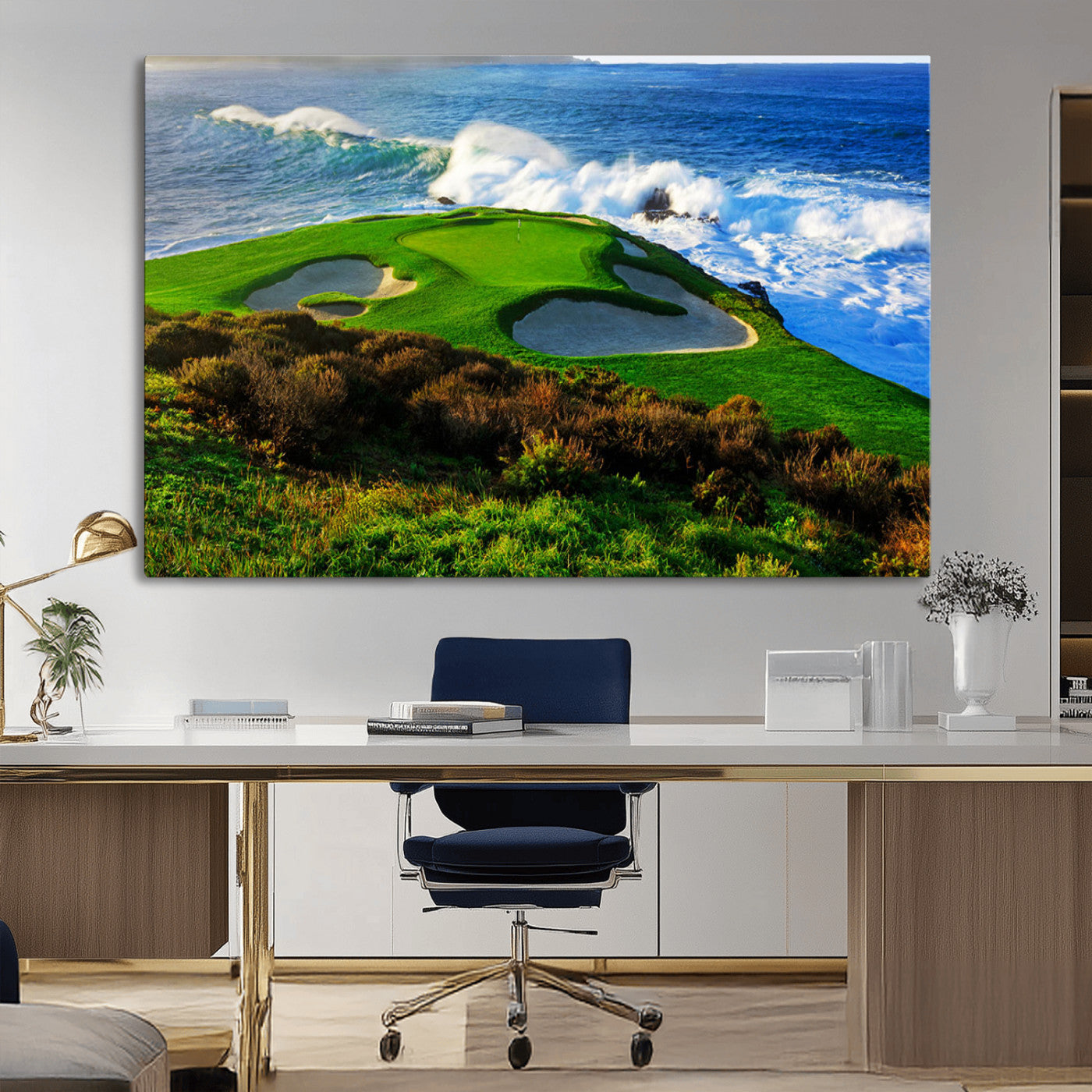34181847-MGV-CV-36X24-Coastal Golf Course Wall Art Canvas Print – Vibrant Green with Sand Bunkers Overlooking Ocean Waves Artwork for Home, Office