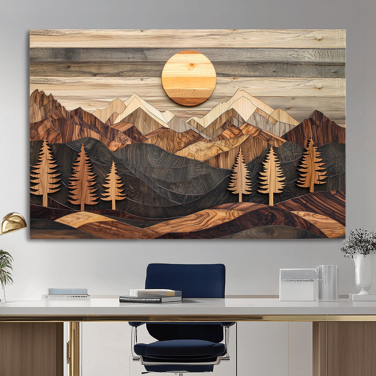 19832326-MGV-CV-36X24 - Wooden Mountain Landscape Layered Texture Geometric Shapes Sun Pine Trees Rustic Natural Tones Art