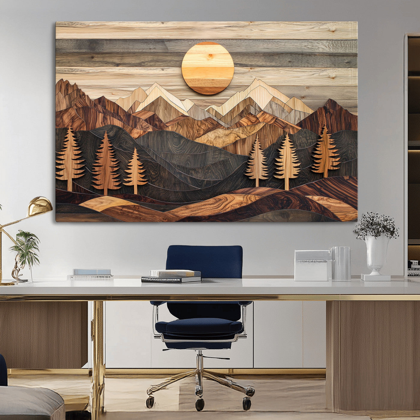 19832326-MGV-CV-36X24-Wooden Mountain Landscape Wall Art Canvas Print, Rustic Forest Pines and Sun Design Natural Warm Decor for Home, Office