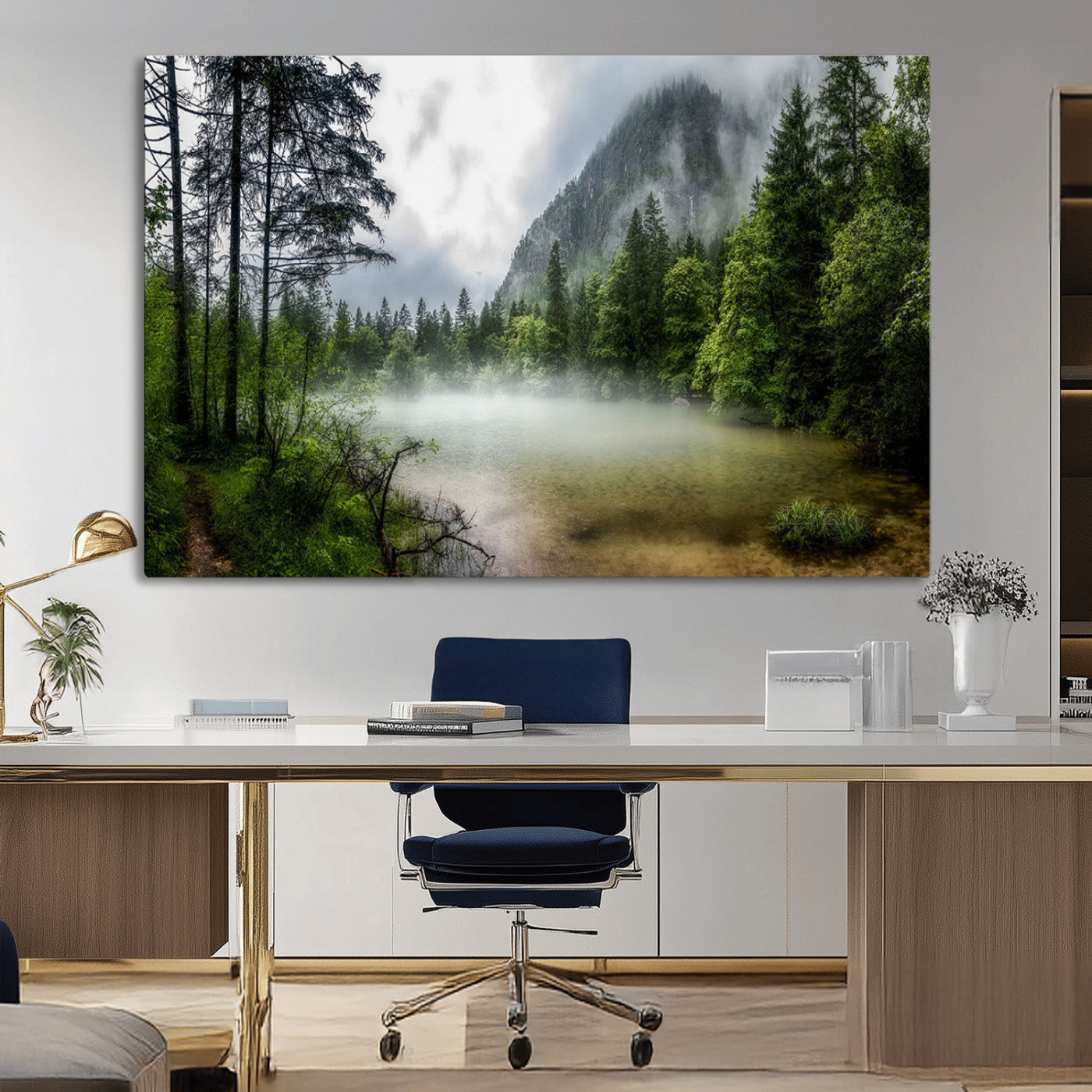 93123937-MGV-CV-36X24-Misty Lake Forest Green Trees Calm Water Reflection Mountain Fog Nature Landscape Outdoor Scenic Beauty Wall Art Canvas Print