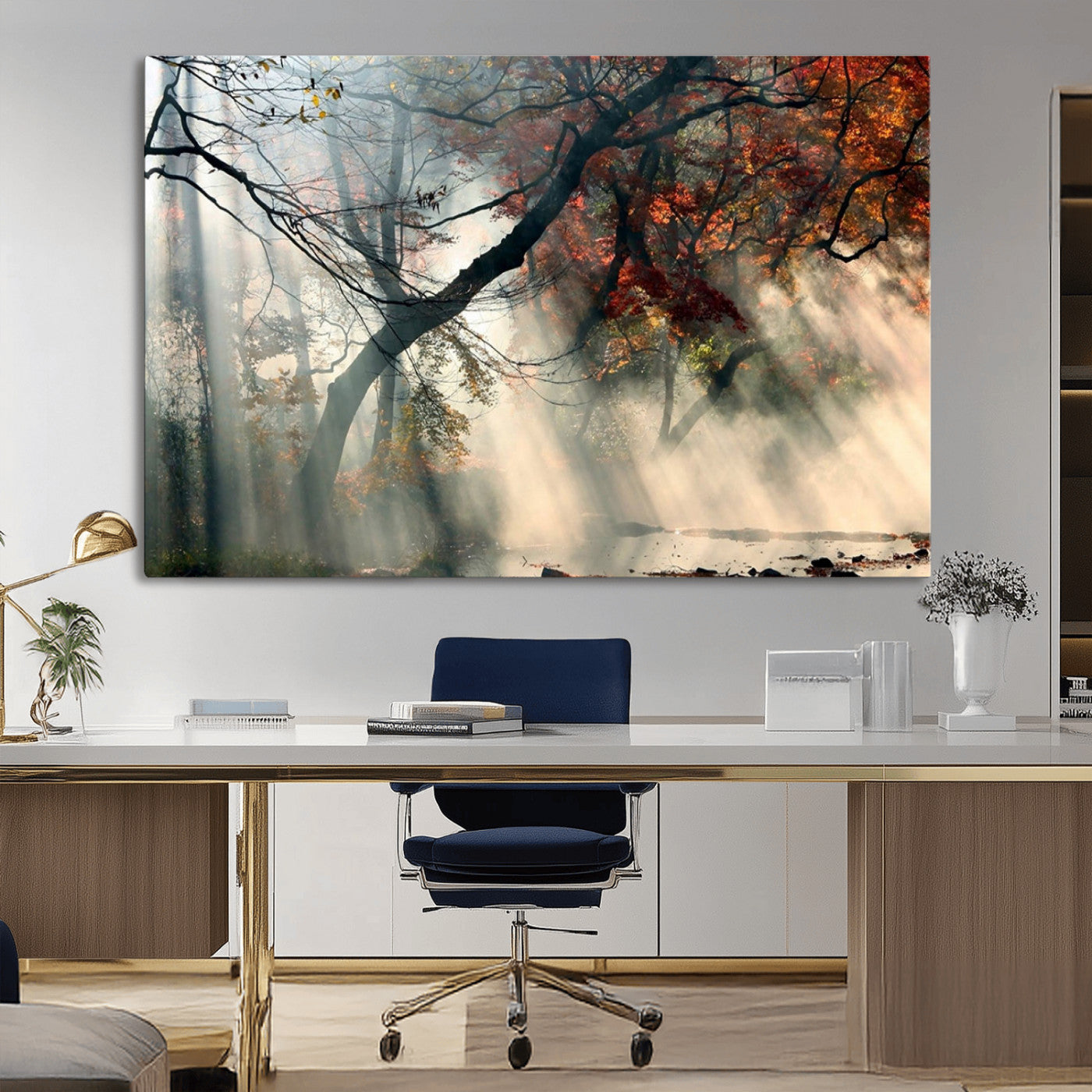 36043878-MGV-CV-36X24-Sunlit Autumn Forest Mist Trees Rays Fog Nature Scenic Peaceful Tranquil Leaves Landscape Morning