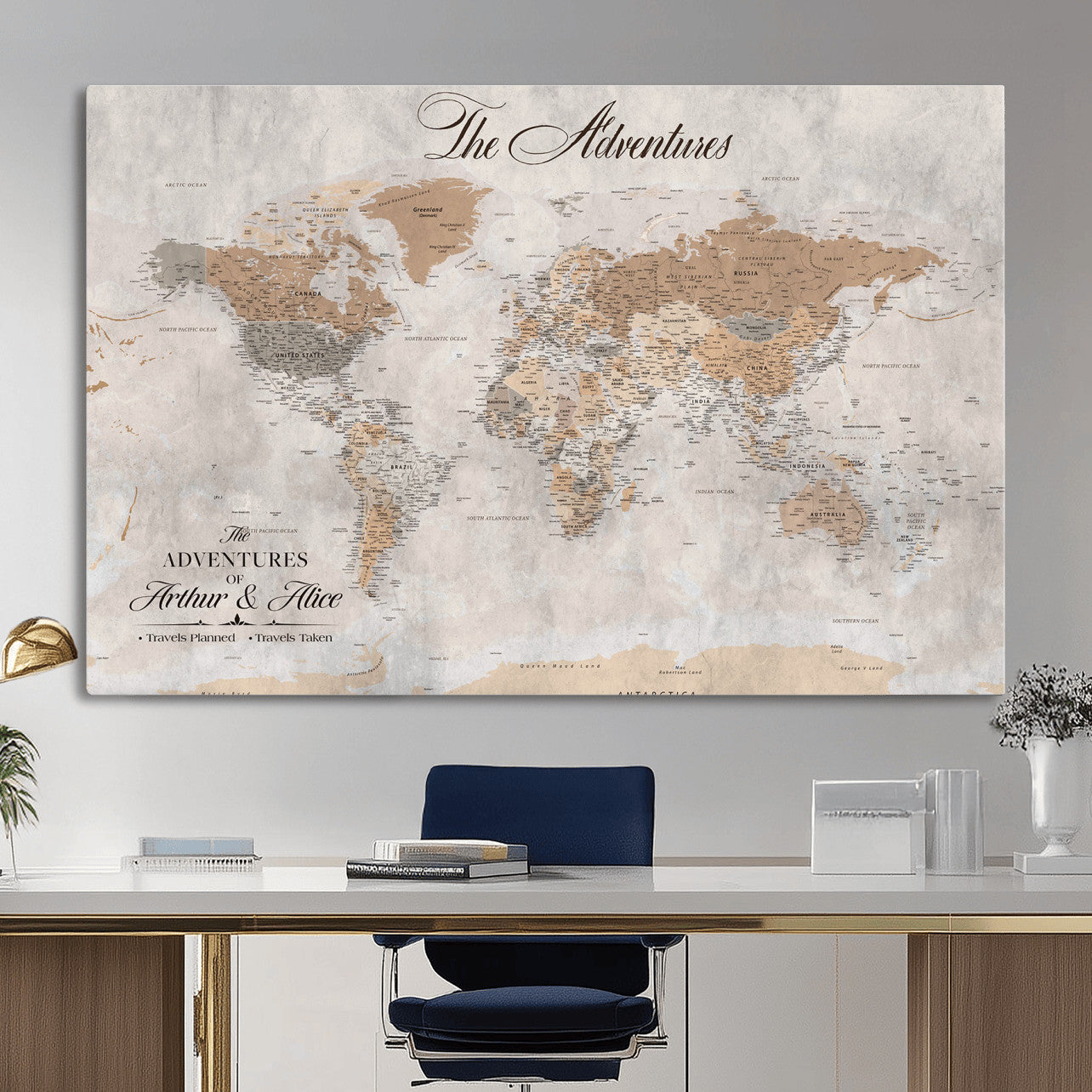 91774967-MGV-CV-36X24 - Personalized Push Pin World Map Canvas Print – Custom Framed Travel Tracker Artwork for Couples or Home Decor