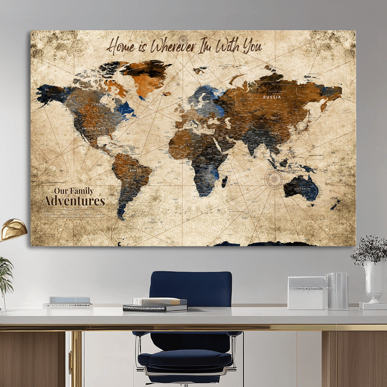 23631534-MGV-CV-36X24 - Customized Push Pin World Map Wall Art Canvas Print with Pins, Personalized Travel Tracker Map, Framed World Map for Living Room, Office and Home Decor