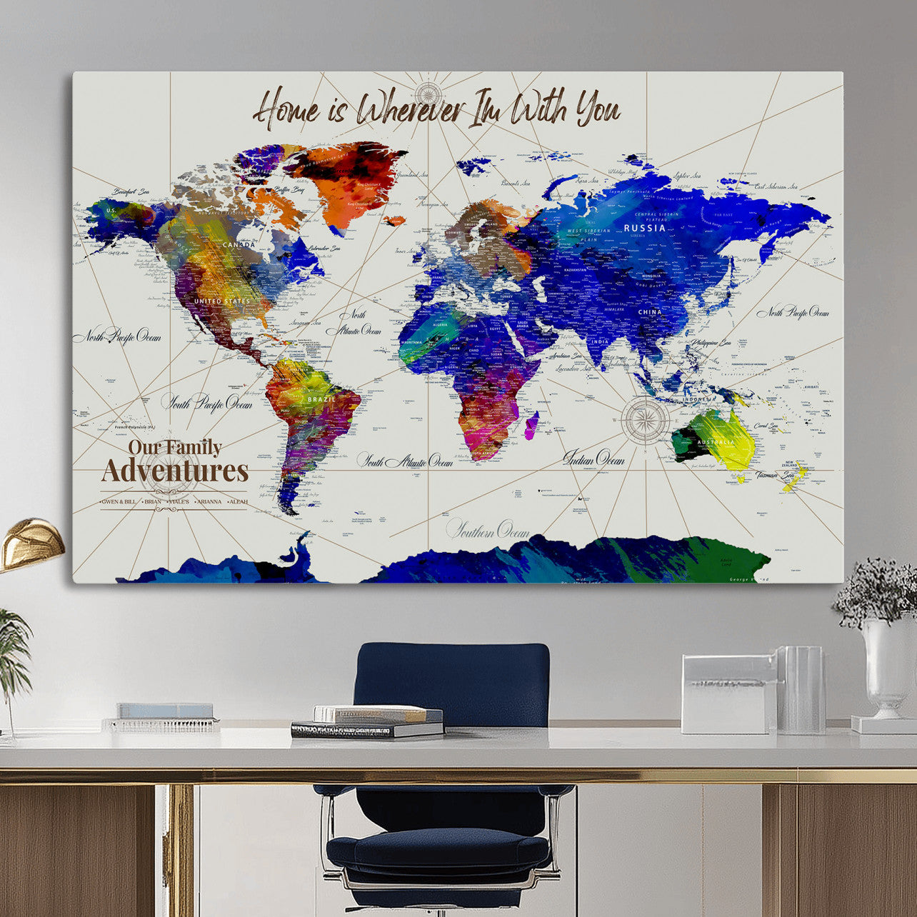 74686301-MGV-CV-36X24 - Customized Push Pin World Map Wall Art Canvas Print with Pins, Personalized Travel Tracker Map, Framed World Map for Living Room, Office and Home Decor