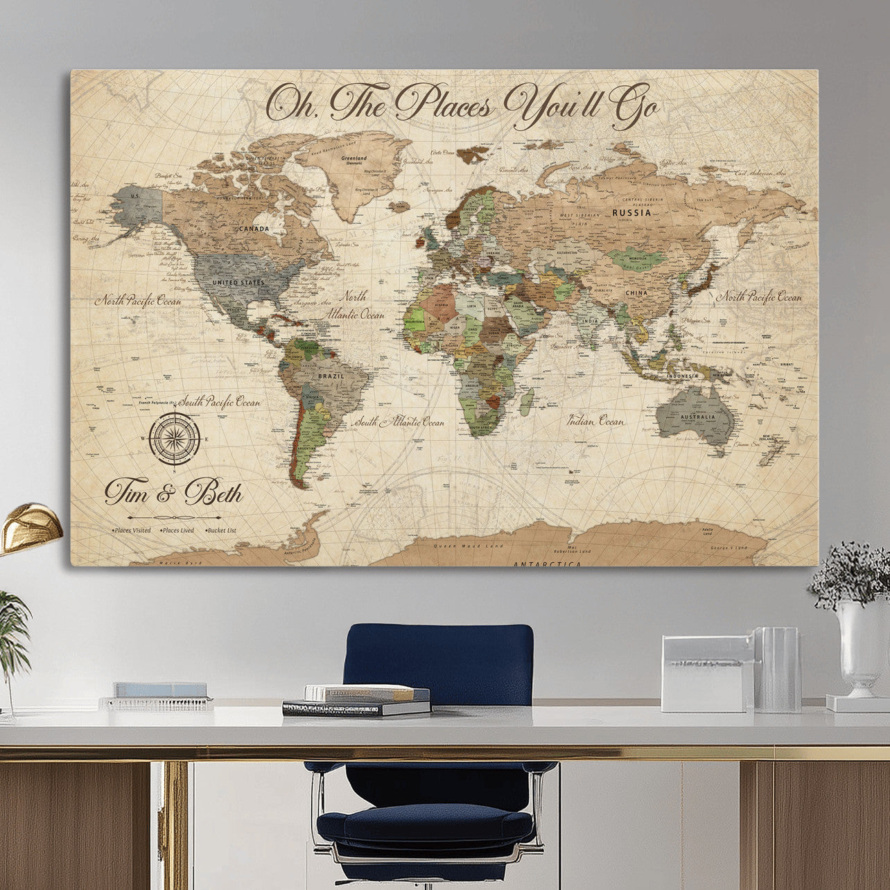 97845003-MGV-CV-36X24 - Personalized Push Pin World Map Wall Art Canvas Print with Pins – Customize Travel Tracker Map for Home and Office Décor