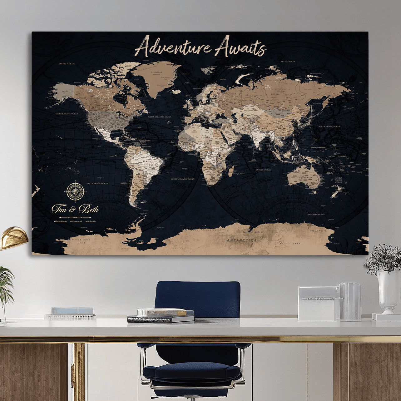 26996346-MGV-CV-36X24 - Personalized Push Pin World Map Wall Art Canvas Print with Pins – Customize Travel Tracker Map for Home and Office Décor