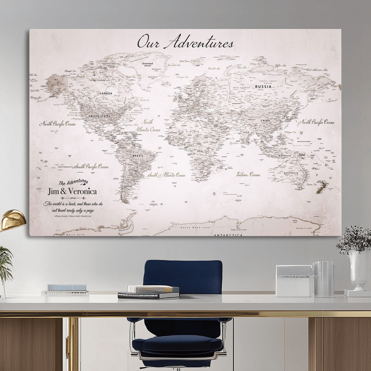 55881143-MGV-CV-36X24 - Personalized Push Pin World Map Wall Art Canvas Print with Pins – Customize Travel Tracker Map for Home and Office Décor