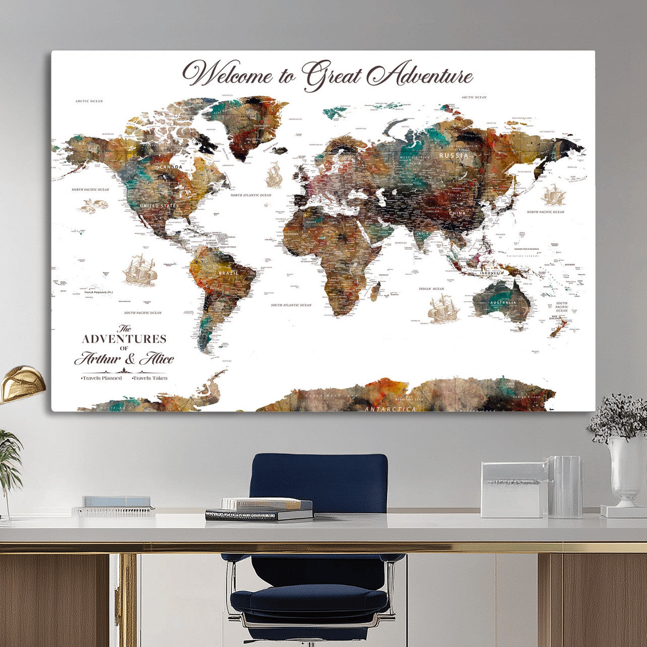 24221896-MGV-CV-36X24 - Personalized Push Pin World Map Wall Art Canvas Print with Pins – Customize Travel Tracker Map for Home and Office Décor