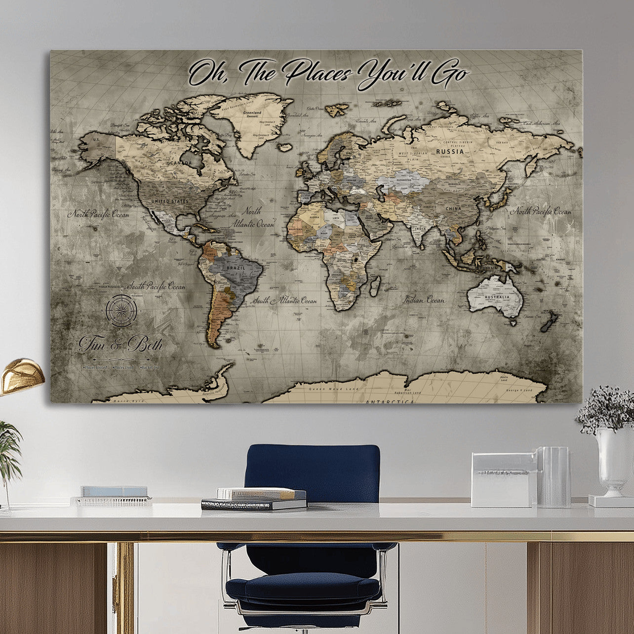 64506765-MGV-CV-36X24 - Personalize Push Pin World Map Wall Art Canvas Print with Pins – Customize Travel Tracker Map for Home and Office Décor