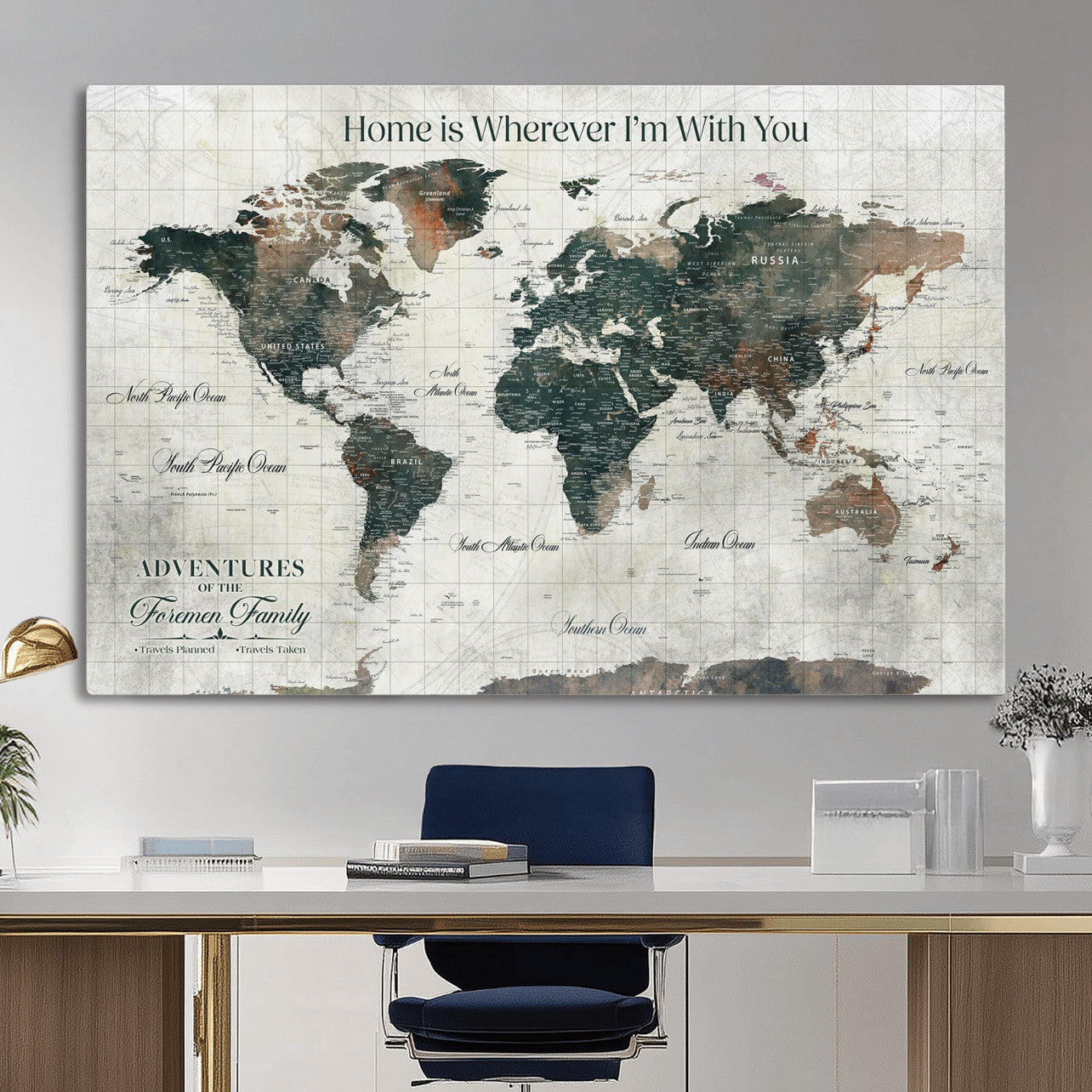 81931818-MGV-CV-36X24 - Personalized Push Pin World Map Wall Art Canvas Print with Pins – Customize Travel Tracker Map for Home and Office Décor