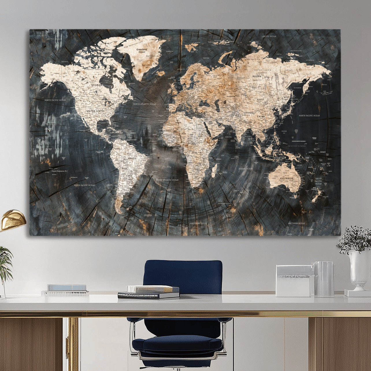 57626704-MGV-CV-36X24 - World Map Wall Art Canvas Print, Modern Decorative Framed Map Artwork Prints for Living Room, Office, Bedroom Wall Decor