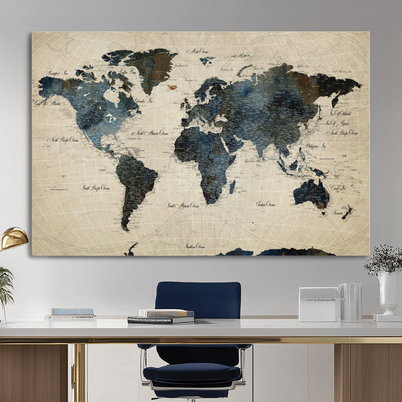 33438443-MGV-CV-36X24 - World Map Wall Art Canvas Print, Modern Decorative Framed Map Artwork Prints for Living Room, Office, Bedroom Wall Decor