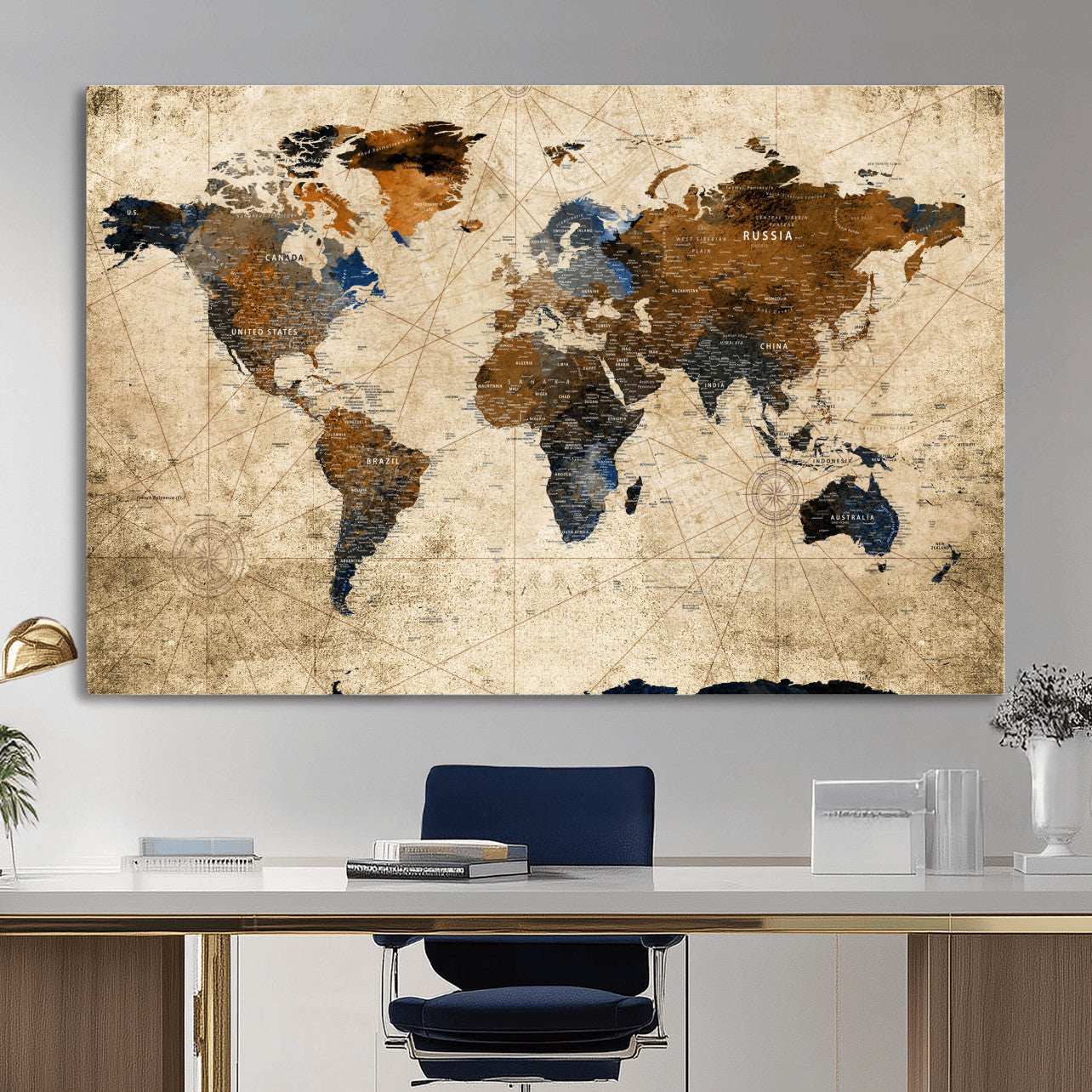 56297284-MGV-CV-36X24 - World Map Wall Art Canvas Print, Modern Decorative Framed Map Artwork Prints for Living Room, Office, Bedroom Wall Decor