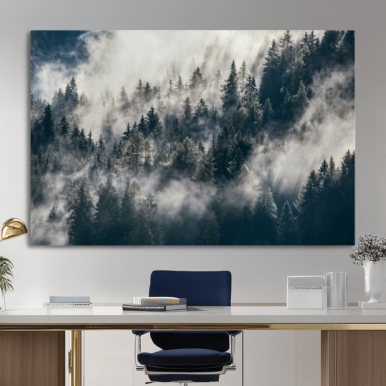 270372951-MGV-CV-36X24 - Misty Pine Forest Canvas Wall Art – Dark Forest Mountaing and Nature Landscape Print, Horizontal Canvas Print