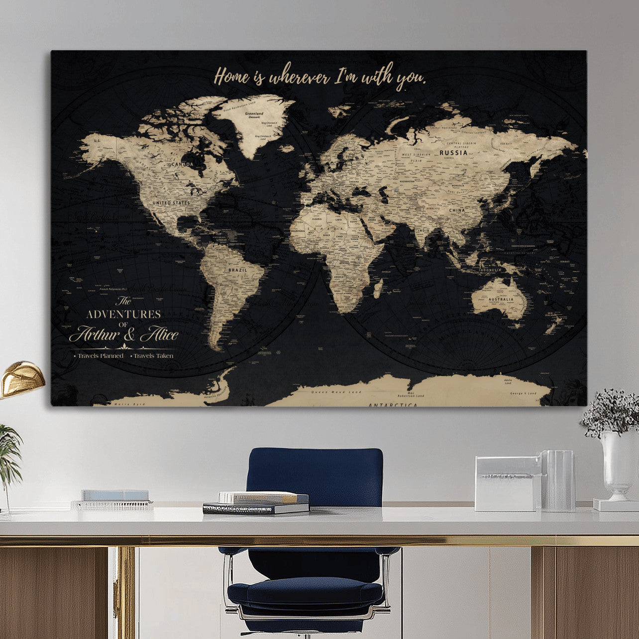87955516-MGV-CV-36X24 - Customized Push Pin World Map Wall Art Canvas Print with Pins, Framed Personalize Travel Tracker Map, World Map for Living Room and Office Decor