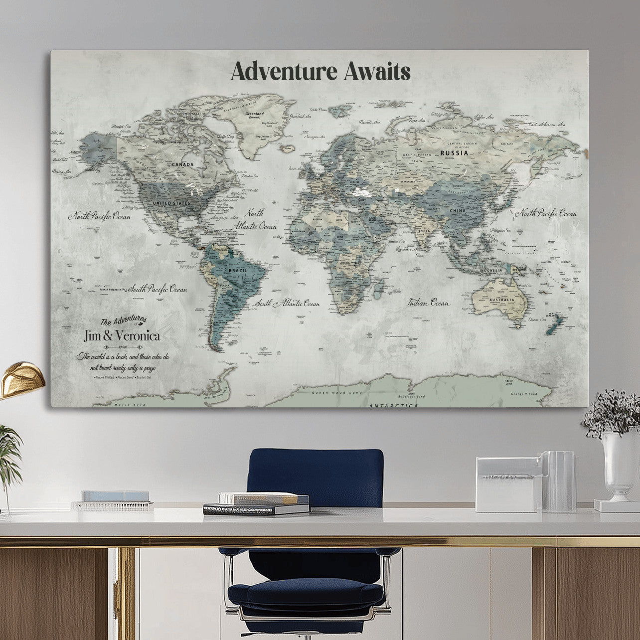 99034689-MGV-CV-36X24 - Customized Push Pin World Map Wall Art Canvas Print with Pins, Framed Personalize Travel Tracker Map, World Map for Living Room and Office Decor