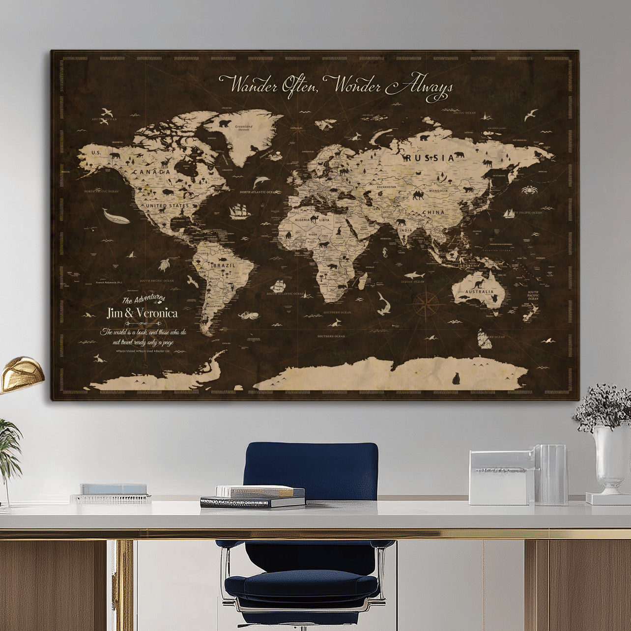 85776859-MGV-CV-36X24 - Personalize Push Pin World Map Wall Art Canvas Print with Pins, Framed Personalize Travel Tracker Map, World Map for Living Room and Office Decor