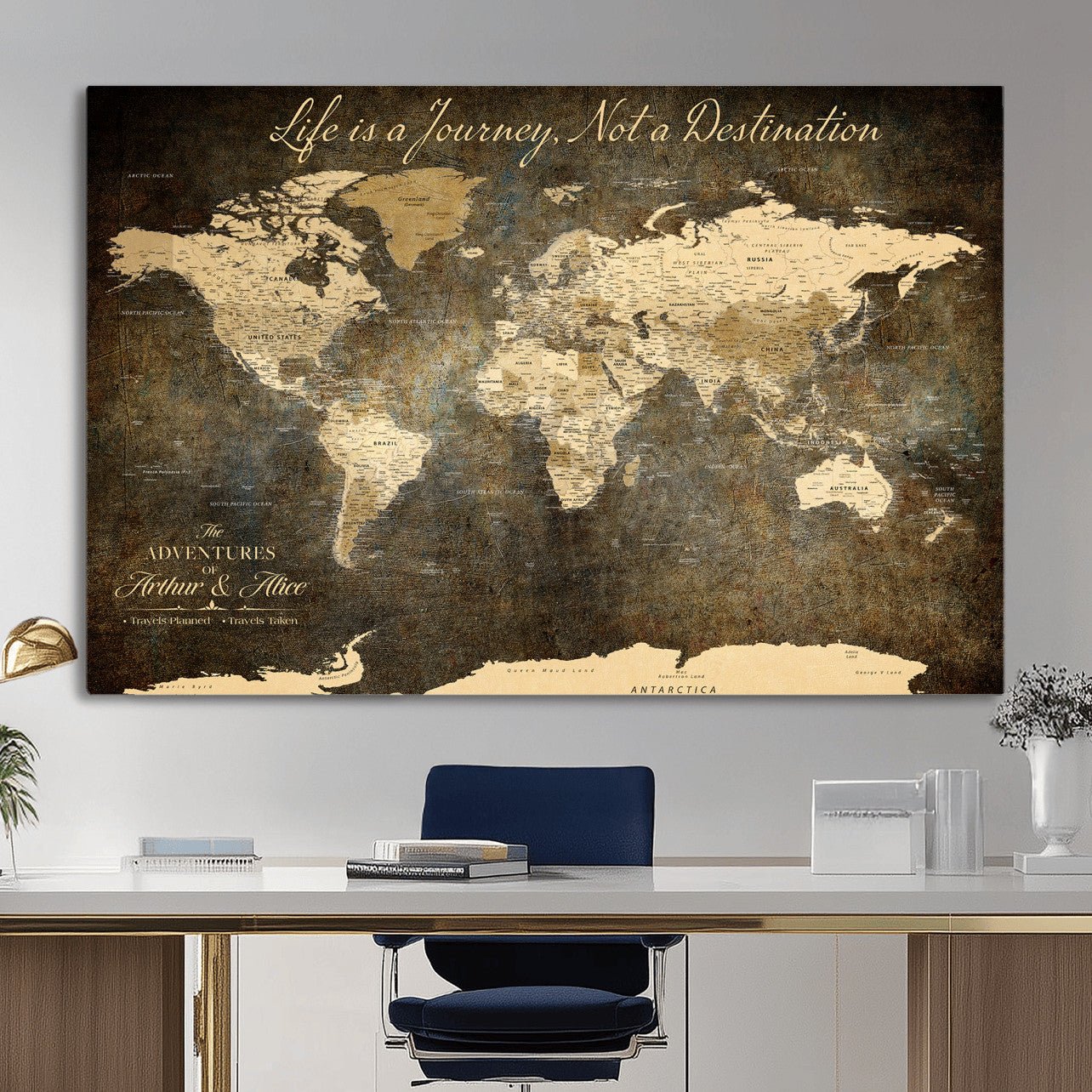 75877068-MGV-CV-36X24 - Custom Push Pin World Map Wall Art Canvas Print β Personalized Travel Tracker with Pins Framed Large for Home and Office Decor