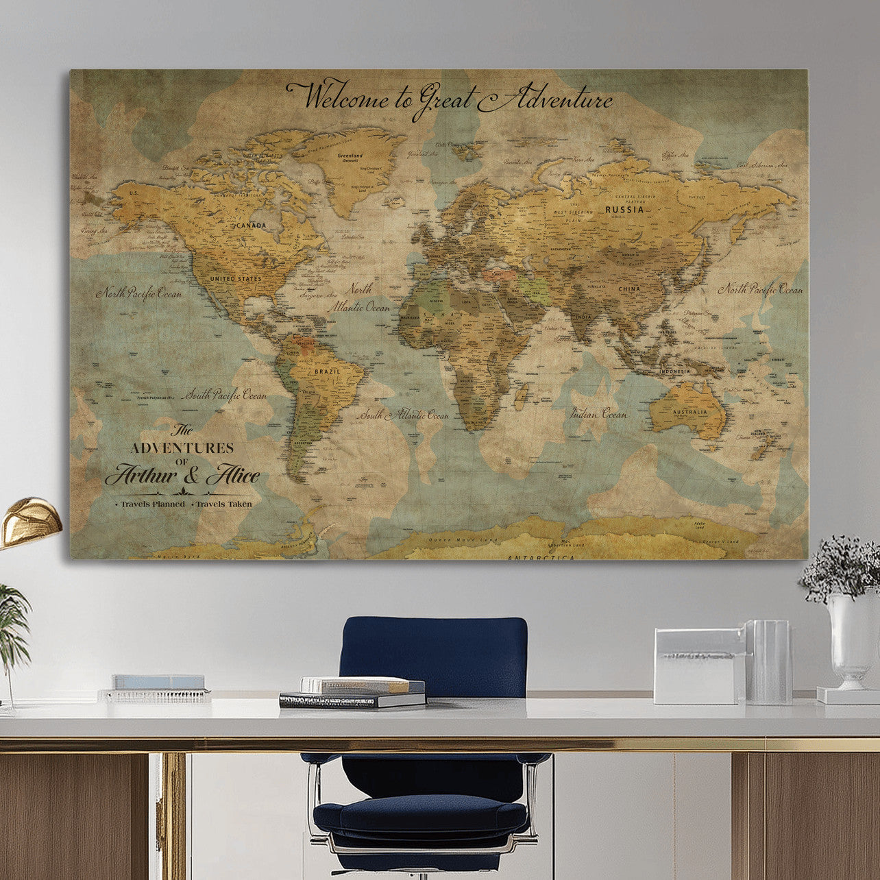 37903085-MGV-CV-36X24 - Custom Push Pin World Map Wall Art Canvas Print – Personalized Travel Tracker with Pins Framed Large for Home and Office Decor