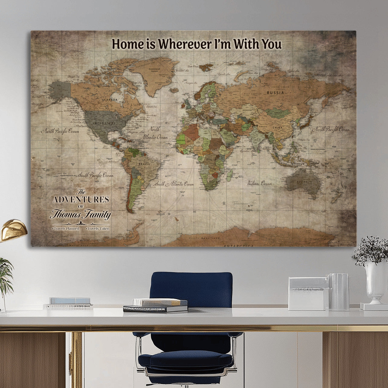 22593671-MGV-CV-36X24 - Custom Push Pin World Map Wall Art Canvas Print – Personalized Travel Tracker with Pins Framed Large for Home and Office Decor