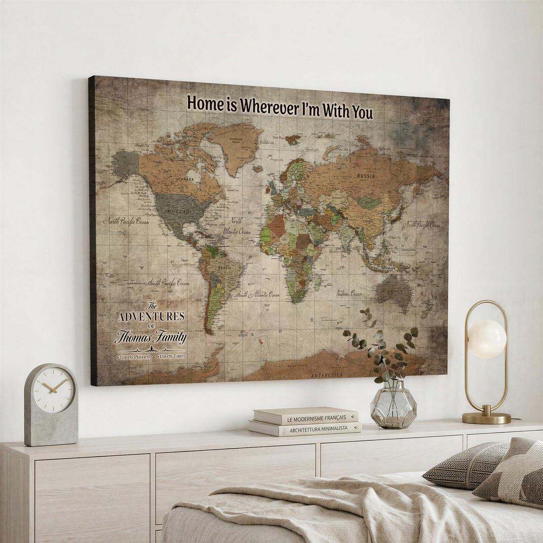 Personalized Beige Geometric World Map Canvas with Push Pins, Next Trip Planner Map, Study and Entryway Decor