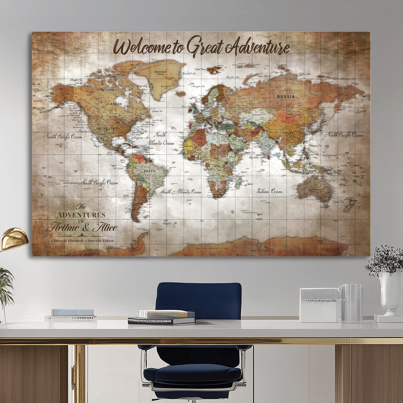 94821994-MGV-CV-36X24 - Custom Push Pin World Map Wall Art Canvas Print – Personalized Travel Tracker with Pins Framed Large for Home and Office Decor