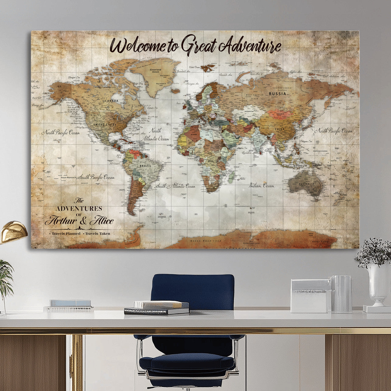 22906161-MGV-CV-36X24 - Custom Push Pin World Map Wall Art Canvas Print – Personalized Travel Tracker with Pins Framed Large for Home and Office Decor