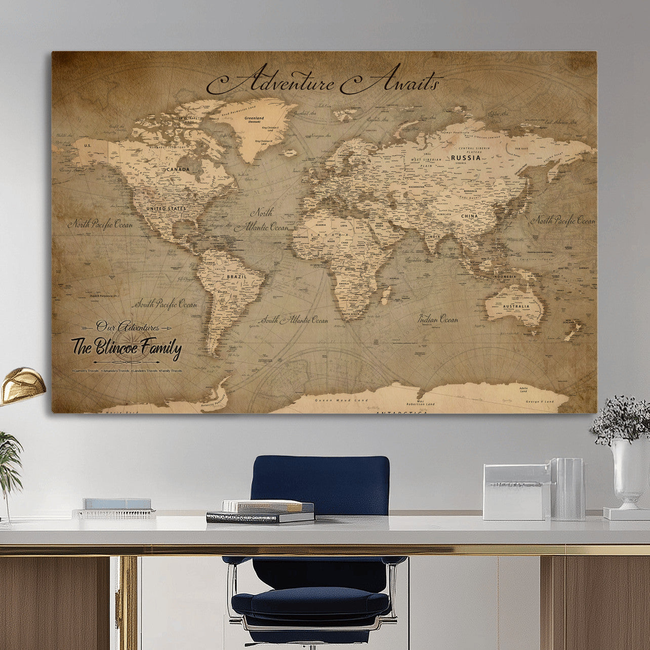 59418012-MGV-CV-36X24 - Custom Push Pin World Map Wall Art Canvas Print – Personalized Travel Tracker with Pins Framed Large for Home and Office Decor