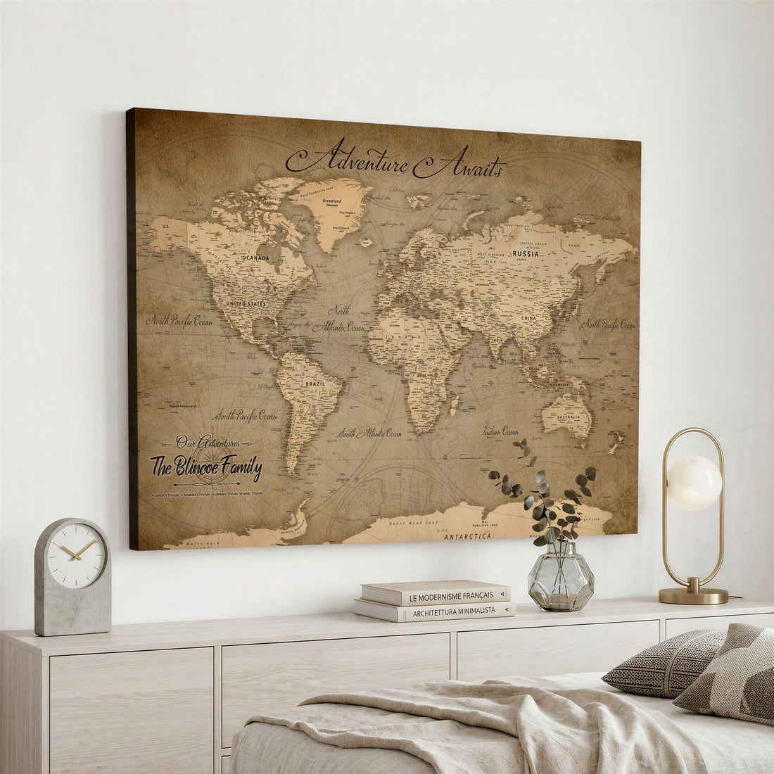 Personalized Framed Beige World Travel Map Wall Art with Pins, Family Travel Tracker, Family Room and Entryway Decor