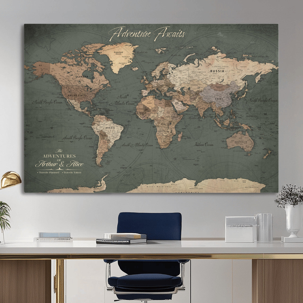 24734446-MGV-CV-36X24 - Custom Push Pin World Map Wall Art Canvas Print – Personalized Travel Tracker with Pins Framed Large for Home and Office Decor