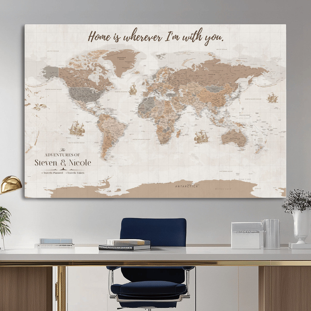 25831578-MGV-CV-36X24 - Custom Push Pin World Map Wall Art Canvas Print – Personalized Travel Tracker with Pins Framed Large for Home and Office Decor