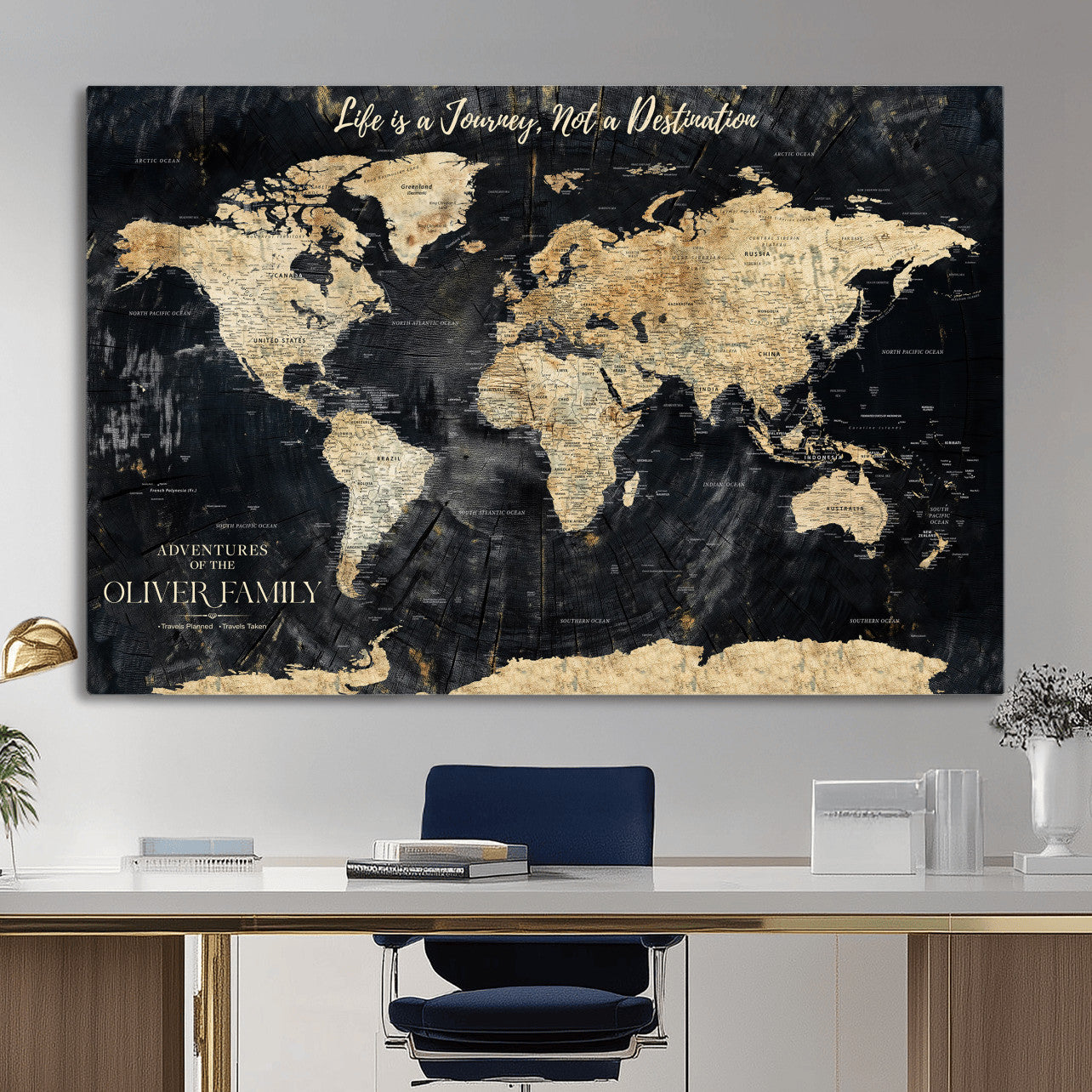 77472096-MGV-CV-36X24 - Custom Push Pin World Map Wall Art Canvas Print – Personalized Travel Tracker with Pins Framed Large for Home and Office Decor