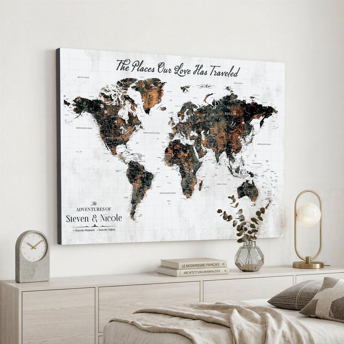 Custom Navy Geometric Push Pin World Map Canvas Print, Bucket List Map, Living Room and Home Office Decor