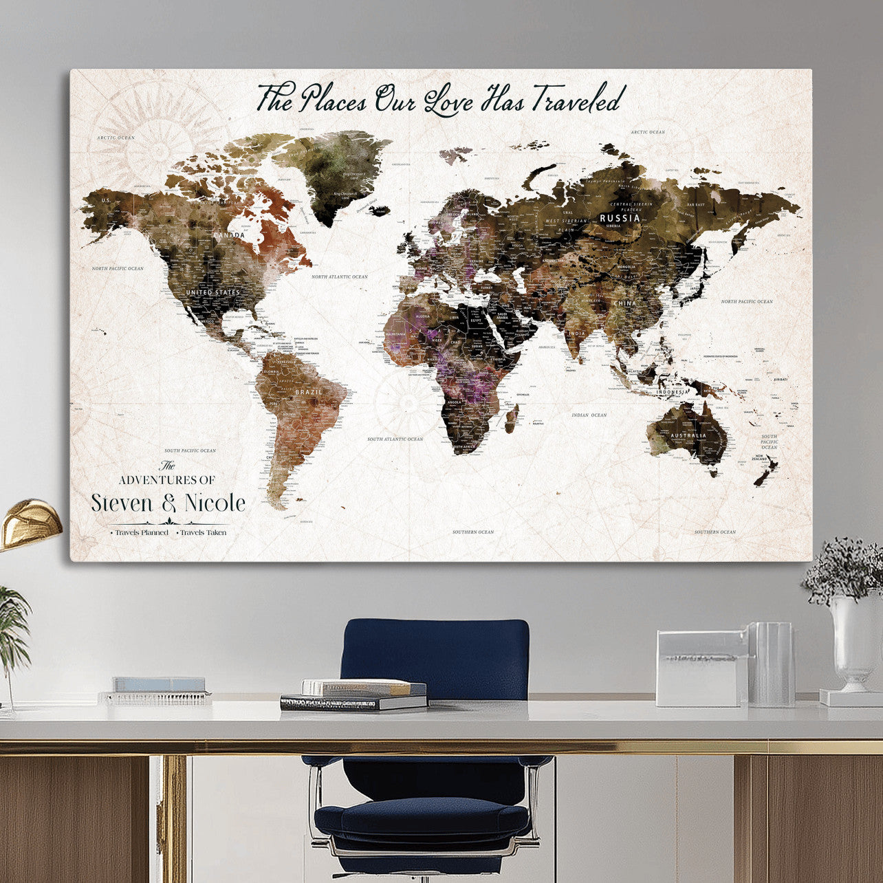 34345515-MGV-CV-36X24 - Custom Push Pin World Map Wall Art Canvas Print – Personalized Travel Tracker with Pins Framed Large for Home and Office Decor