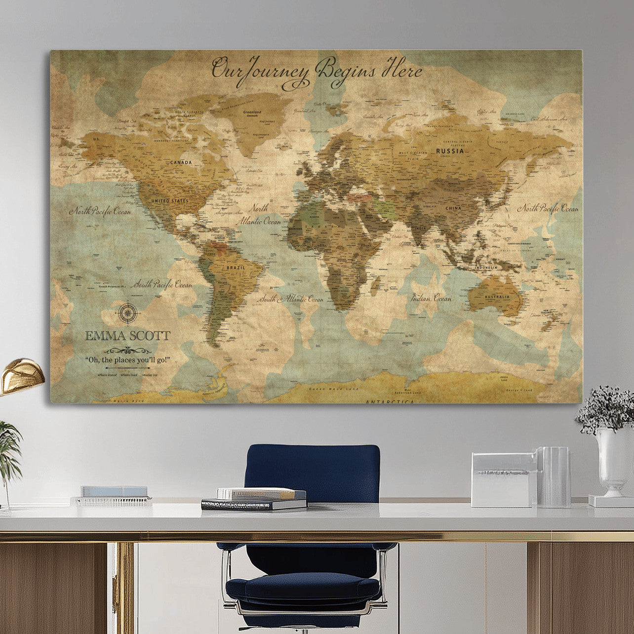 66550749-MGV-CV-36X24 - Custom Push Pin World Map Wall Art Canvas Print – Personalized Travel Tracker with Pins Framed Large for Home and Office Decor