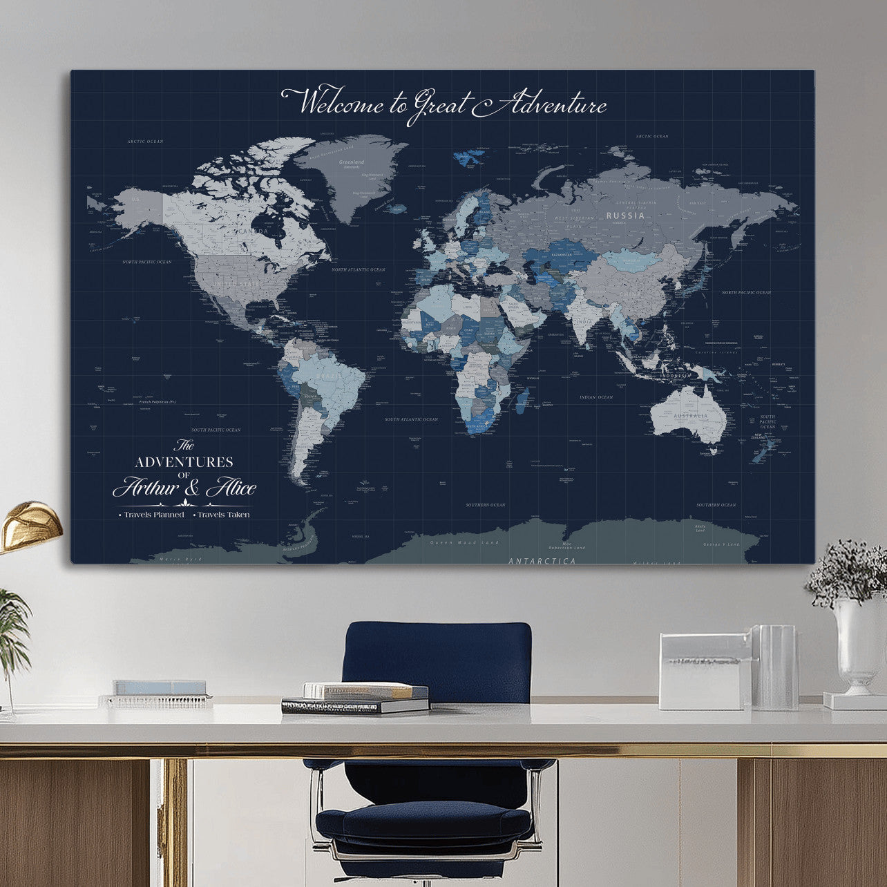 51673389-MGV-CV-36X24 - Custom Push Pin World Map Wall Art Canvas Print – Personalized Travel Tracker with Pins Framed Large for Home and Office Decor
