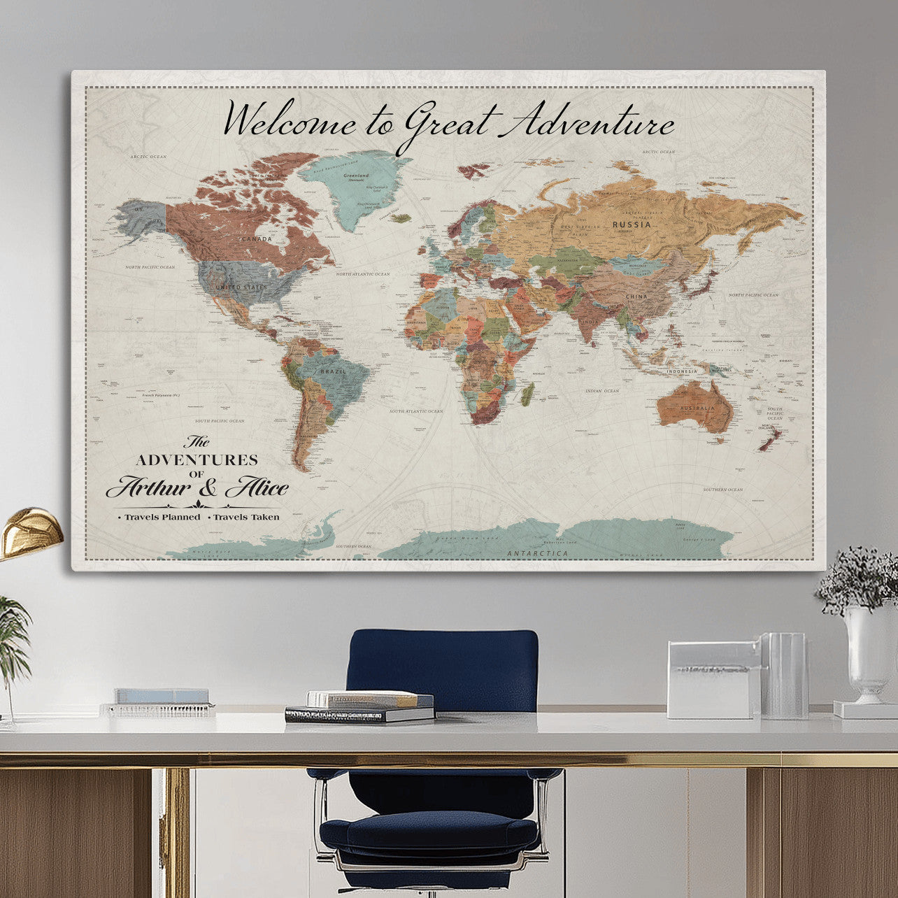 32470528-MGV-CV-36X24 - Custom Push Pin World Map Wall Art Canvas Print – Personalized Travel Tracker with Pins Framed Large for Home and Office Decor