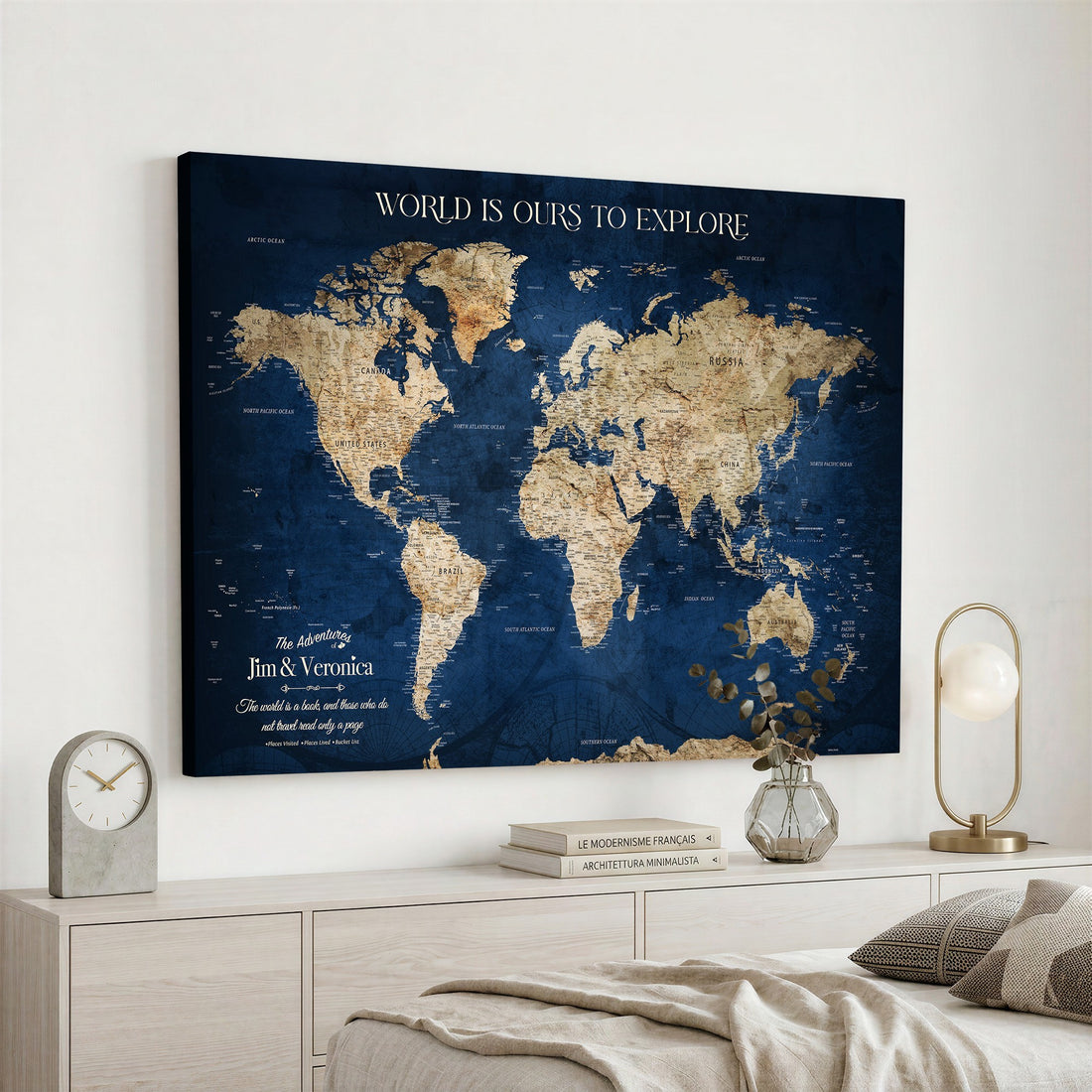 Custom Navy World Map Canvas with Push Pins, Family Travel Tracker, Living Room and Family Room Decor