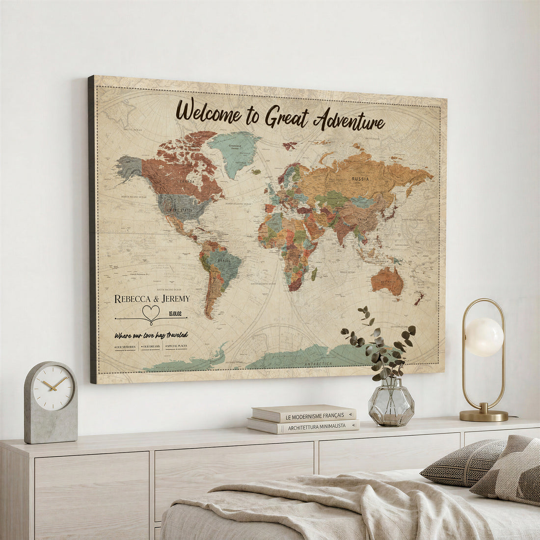 Large Personalized Beige Minimalist Push Pin World Map Wall Art, Next Trip Planner Map, Bedroom and Home Office Decor
