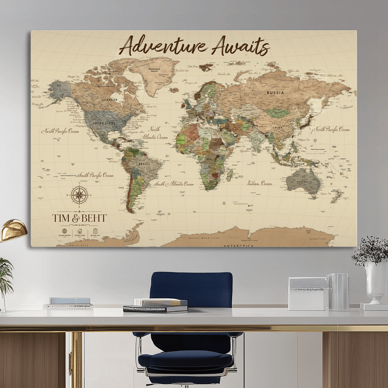 72027187-MGV-CV-36X24 - Custom Push Pin World Map Wall Art Canvas Print – Personalized Travel Tracker with Pins Framed Large for Home and Office Decor