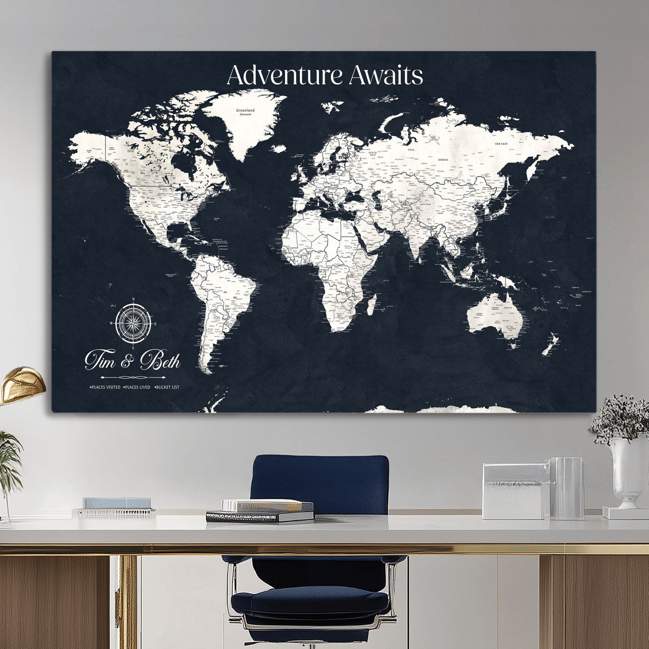 84045875-MGV-CV-36X24 - Custom Push Pin World Map Wall Art Canvas Print – Personalized Travel Tracker with Pins Framed Large for Home and Office Decor
